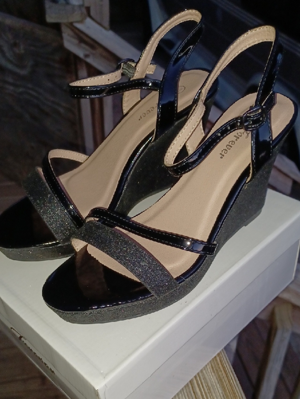 Forever Women's Glitter Strappy Wrapped Wedge Heel NIB